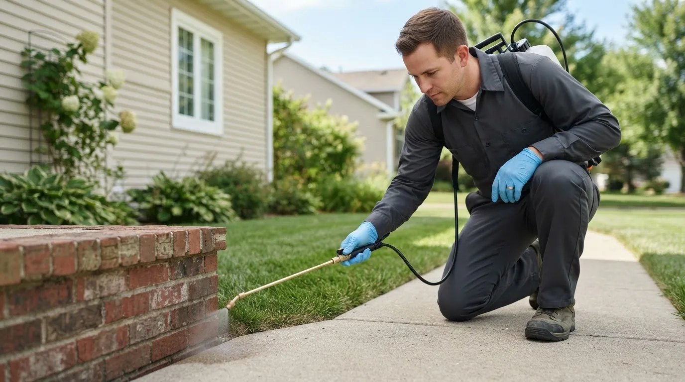 Pest control technician treating a home near Burbank, OK